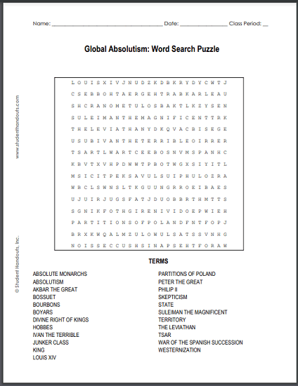Global Absolutism Word Search Puzzle - Free to print (PDF file) for high school World History students.