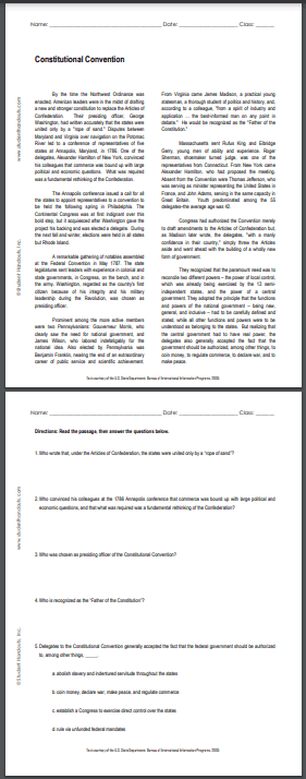 Constitutional Convention Reading with Questions | Student Handouts