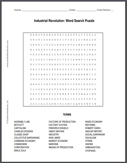 Industrial Revolution Word Search Puzzle - Free worksheet to print (PDF file) for high school World History students.