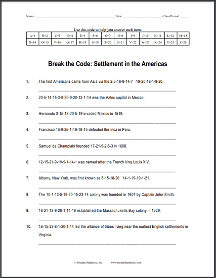 Settlement in the Americas - Free Printable Decipher the Code Puzzle Worksheet for U.S. History