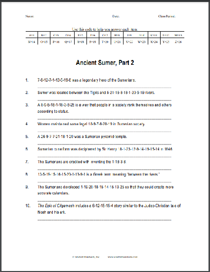 ancient sumer decipher the code puzzle worksheet 2 student handouts