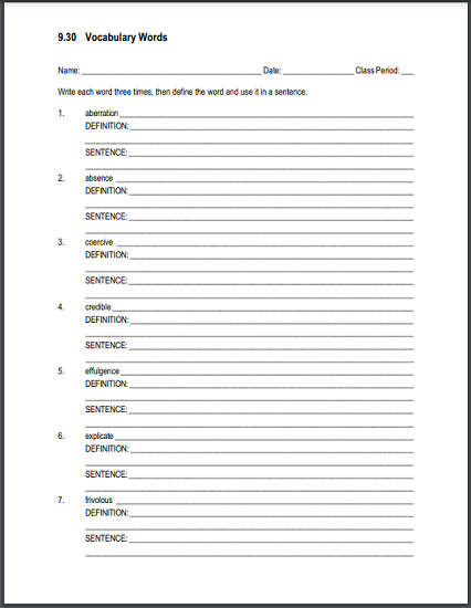 Vocabulary Terms 9.30 Sentences and Definitions Worksheet - Free to print (PDF file).