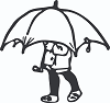 Child walking under an umbrella.