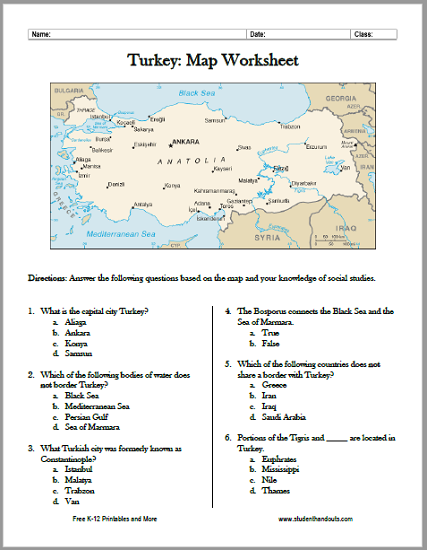 Turkey Map Worksheet - Free to print (PDF file).