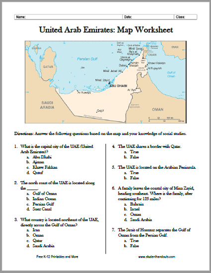 United Arab Emirates Map Worksheet - Free to print (PDF file).