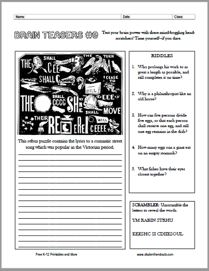 Brain Teasers Worksheet No. 9 - Free to print (PDF file).