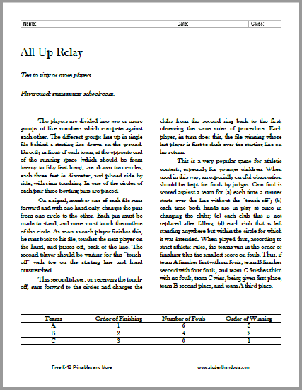 All Up Relay Race Instructions and Rules - Free to print (PDF file).