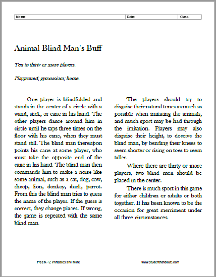 Animal Blind Man's Buff Instructions - Free to print (PDF file).