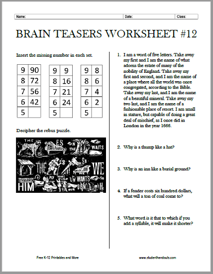 Brain Teasers Worksheet No. 12 | Student Handouts