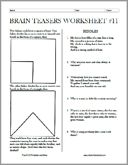 Brain Teasers Worksheet No. 11 - Free to print (PDF file).