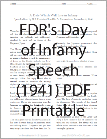 FDR's Date of Infamy Speech - PDF document primary source printable for high school American History students.