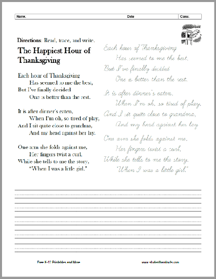 "The Happiest Hour of Thanksgiving" Poem Cursive Writing Worksheet - Free to print (PDF file).