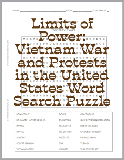 The Limits of Power - Vietnam War and Protests in the United States - Free printable word search puzzle for high school United States History students.