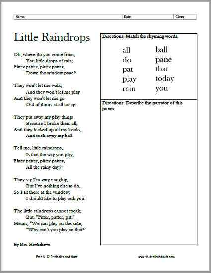 Little Raindrops Poem Worksheet - Free to print (PDF file).