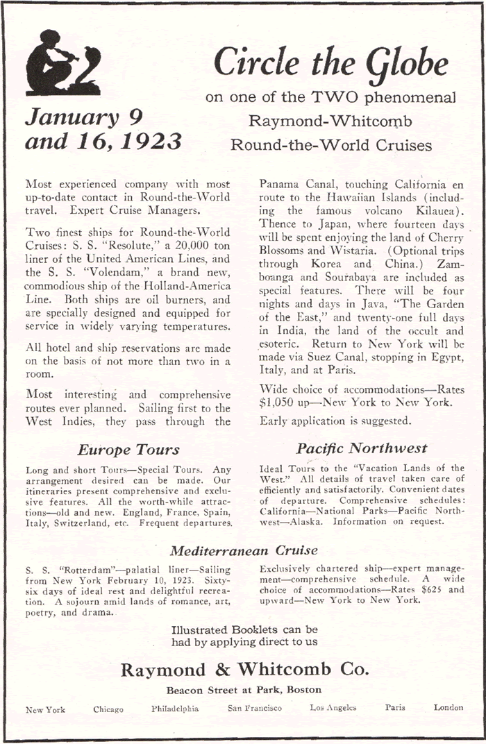 Raymond & Whitcomb Company Round-the-World Cruises Ad from 1922