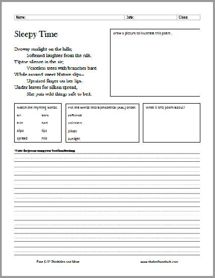 "Sleepy Time" Poem Worksheet for Kids - Free to print (PDF file).