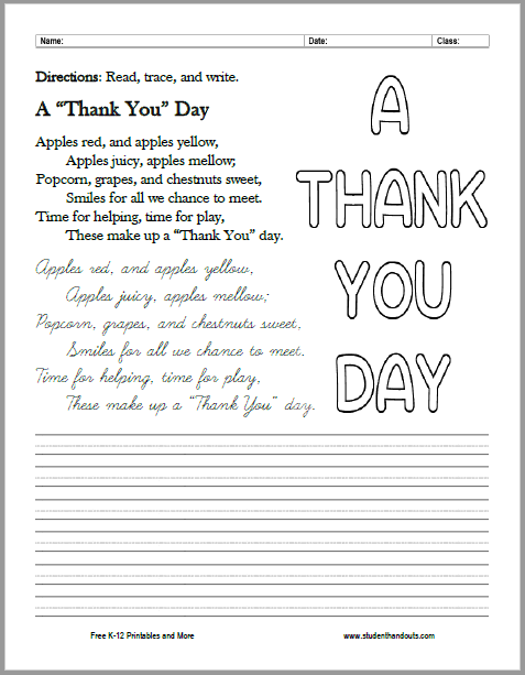 A "Thank You" Day Poem Cursive Writing Printable - Free to print (PDF file).