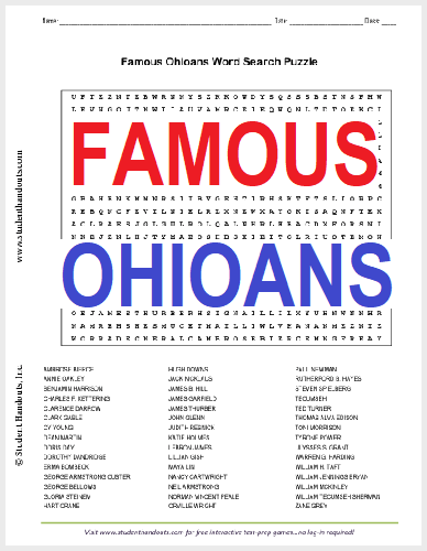 Famous Ohioans Word Search - Free to print (PDF file).