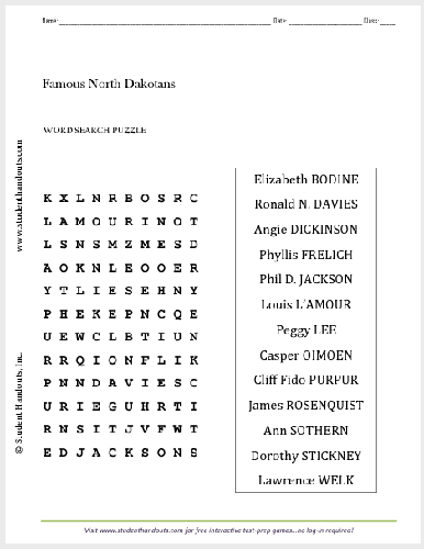 Famous North Dakotans Word Search Puzzle - Free to print (PDF file).