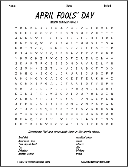April Fools' Day Word Search Puzzle - Free to print (PDF file).