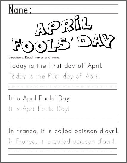 April Fools' Day Handwriting Worksheet - Free to print (PDF file). For kindergarten and first grade.