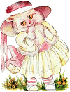 white cat in her white and rosy Easter dress and hat