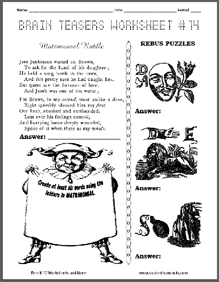 Brain Teasers Worksheet #14 - Free to print (PDF file). Riddle, rebus puzzles, and more! Grades 7-12.