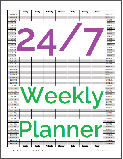 24/7 Weekly Planner Sheet - Free to print (PDF file).