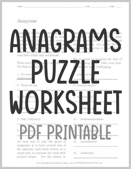 Anagrams Game Instructions Worksheet with Puzzles - Free to print (PDF file).