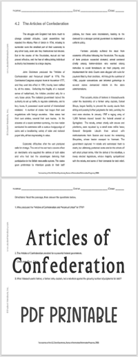 The Articles of Confederation - Free printable reading with questions for high school United States History classes.