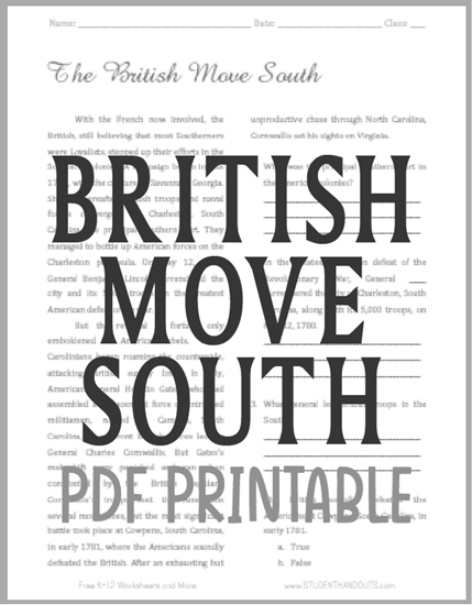 The British Move South - Free printable reading with questions on the American Revolution.