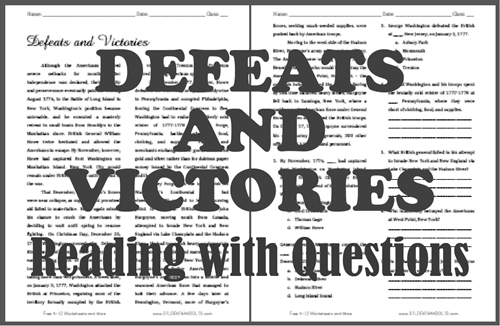 Defeats and Victories - Free printable reading with questions on the American Revolution.
