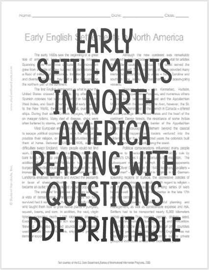 "Early English Settlements in North America" Reading with Questions for High School United States History Students - PDF File
