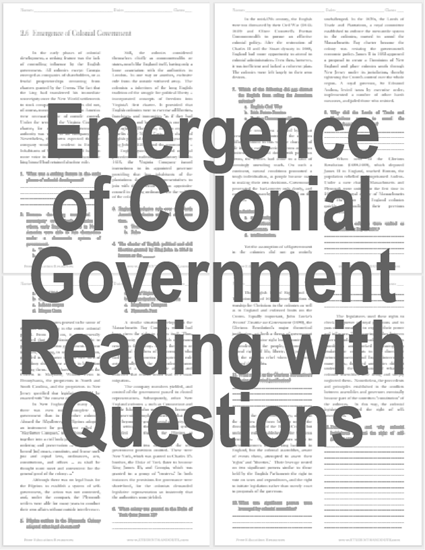 Emergence of Colonial Government - Free printable reading with questions worksheet for high school United States History students.