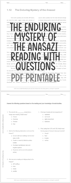 "The Enduring Mystery of the Anasazi" Reading with Questions for High School United States History Students - Free to print (PDF file).