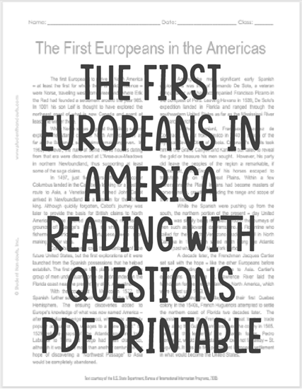 "The First Europeans in the Americas" Reading with Questions for High School United States History Students