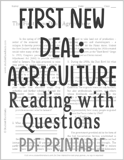 First New Deal: Agriculture - Reading with questions is free to print (PDF file).