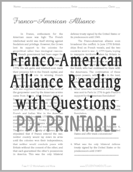 Franco-American Alliance - Free printable reading with questions on the American Revolution.