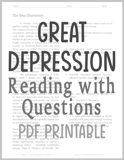 The Great Depression - Free printable reading worksheet with questions (PDF file).