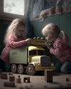 Little girls playing with a toy semitruck