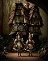 Two girls standing outside a house