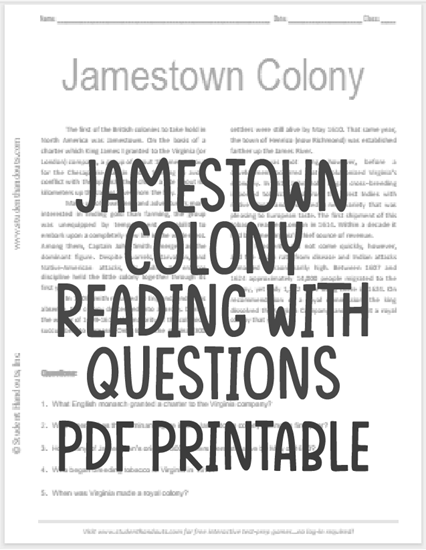 "Jamestown Colony" Reading with Questions for High School United States History Students - Free to print (PDF file).
