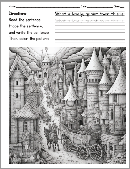 Read the sentence, Medieval town coloring page - Read the sentence, trace the sentence, and write the sentence. Then, color the picture. 
