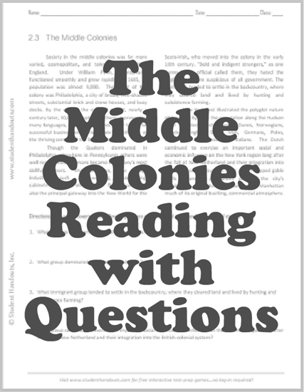 Middle Colonies - Reading worksheet with questions for American History students. Free to print (PDF file).