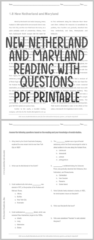 "New Netherland and Maryland Colonies" Reading with Questions for High School United States History Students