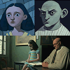 Cartoon and real versions of a little girl and older man