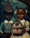 Little boy and girl with a dollhouse