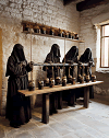 Hooded figures with jars