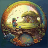 Child near a rainbow cottage