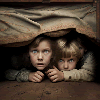 Frightened kids hiding under a bed